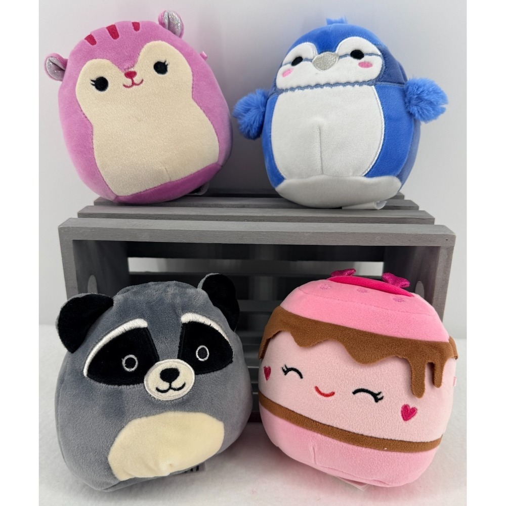 Squishmallows Lot of‎ 4 Plush Penguin Raccoon Dessert Pink Blue Stuffed